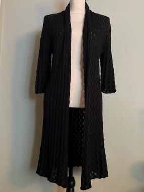 Kuna |  100% Baby Alpaca Longline Open Cardigan Black Textured Knit | M